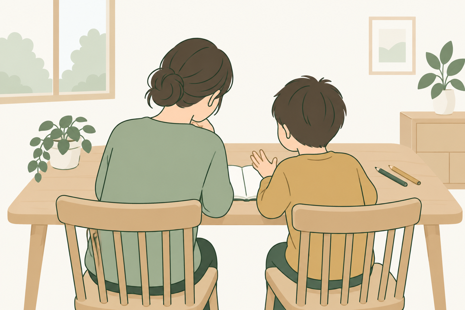 テーブルを囲み、ノートを見ながら話す親子のイラスト