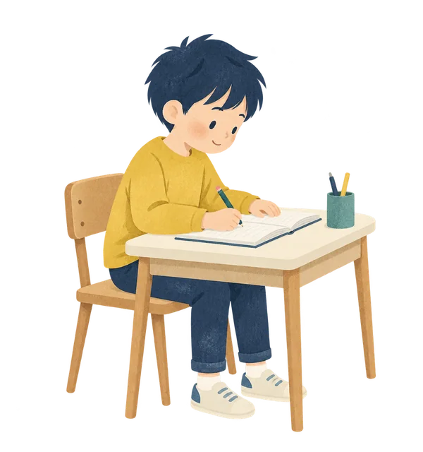 机で取り組む子どものイラスト