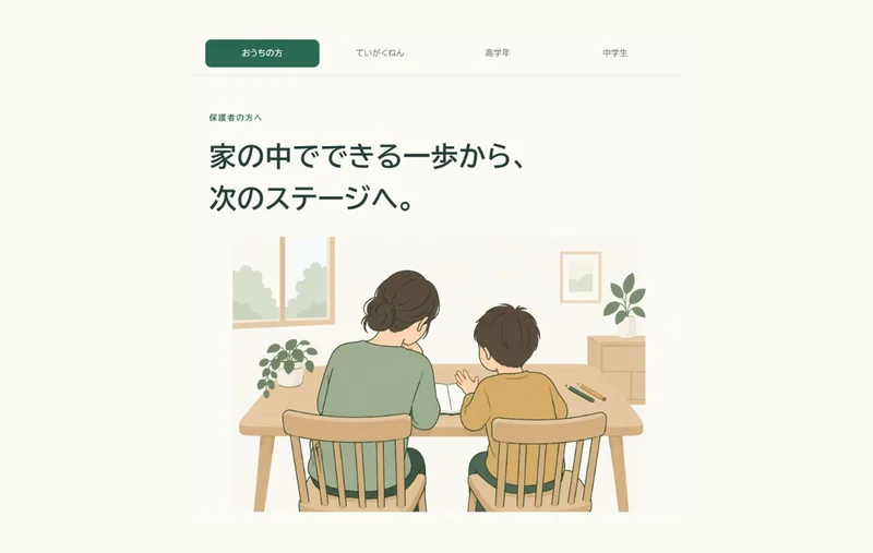 保護者・低学年・高学年・中学生の4つの入口があるガイド画面