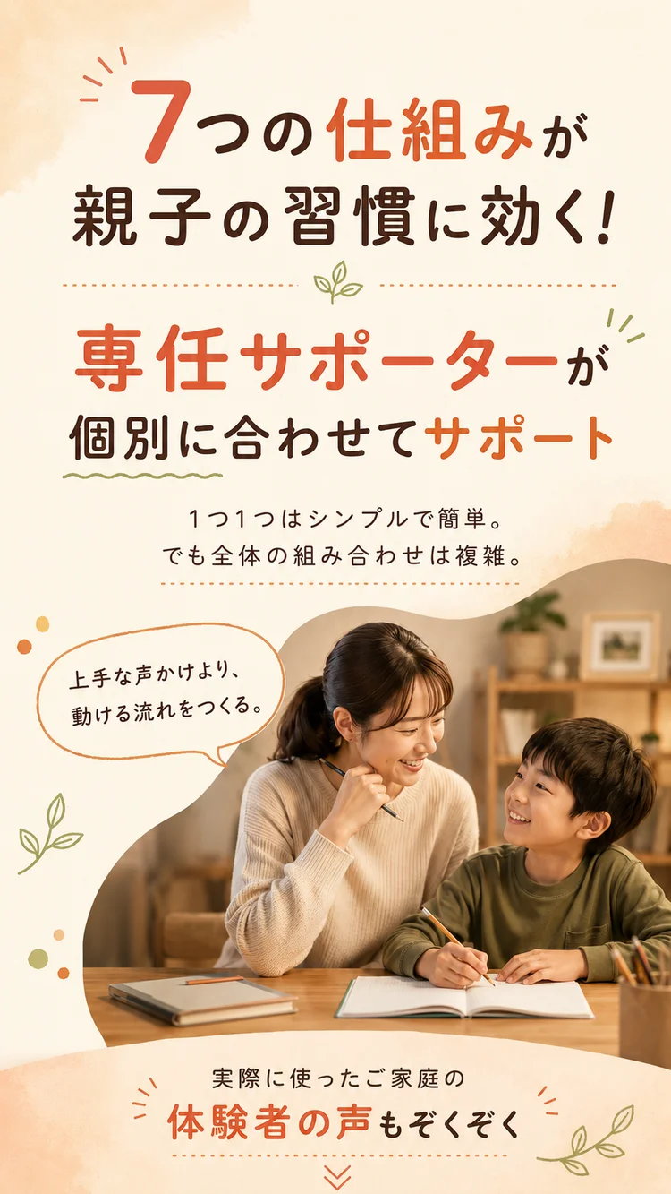 7つの仕組みが親子の習慣に効く！専任サポーターが個別に合わせてサポート。みらいスケッチ習慣化プログラム