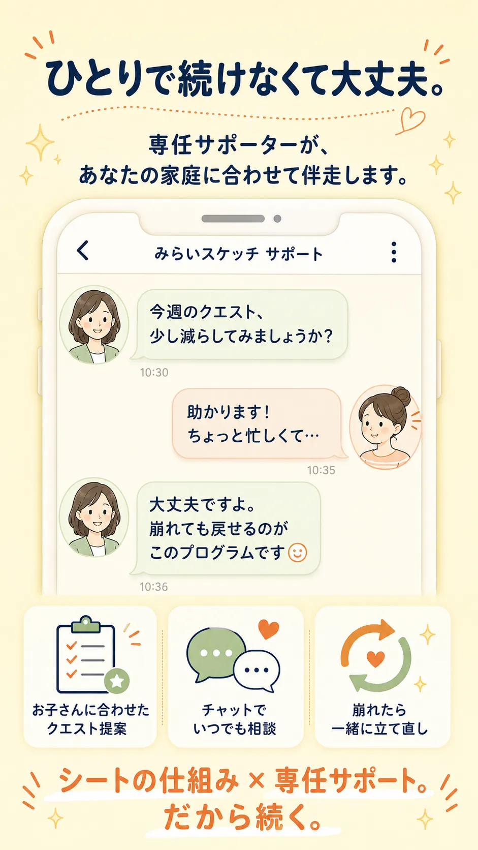 ひとりで続けなくて大丈夫。専任サポーターが、あなたの家庭に合わせて伴走します。