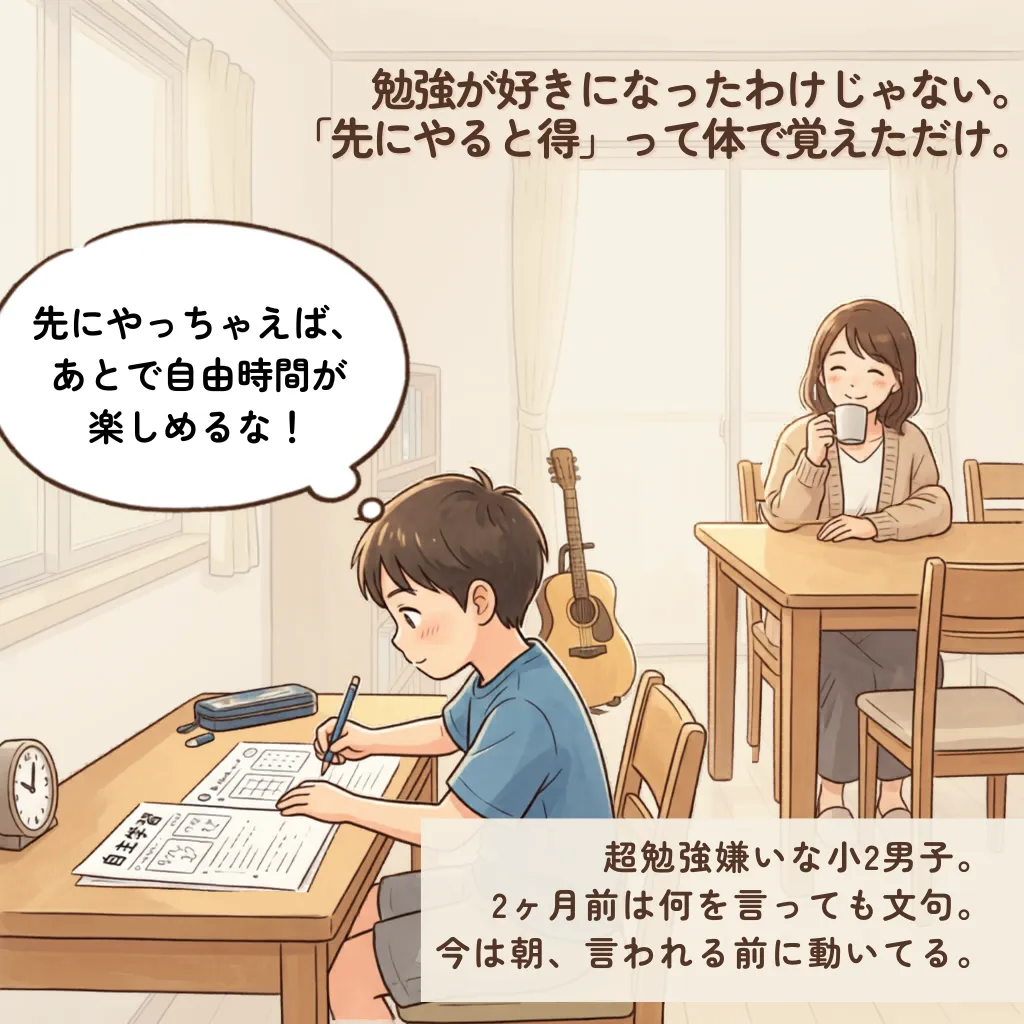 勉強が好きになったわけじゃない。「先にやると得」って体で覚えただけ。