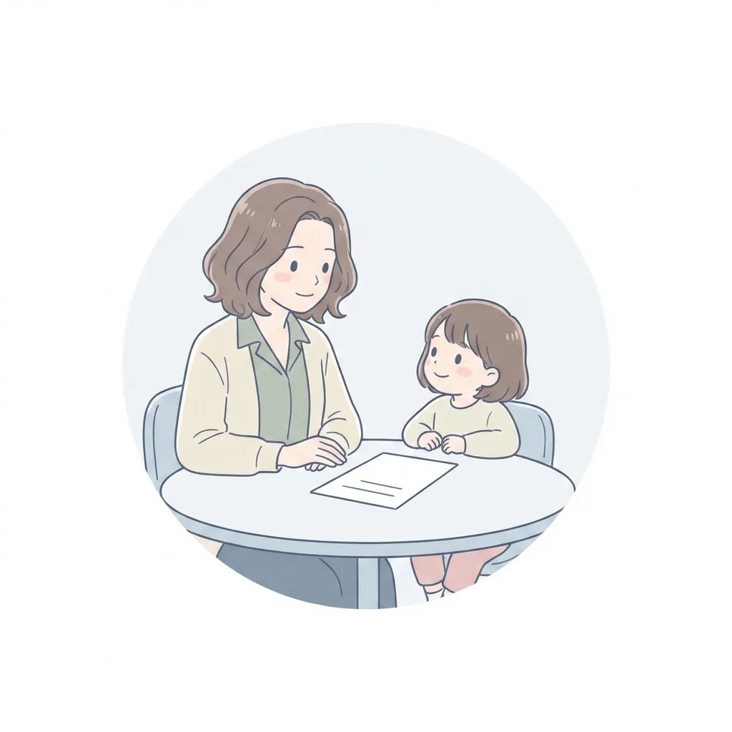 テーブルでマンスリーシートを振り返る親子