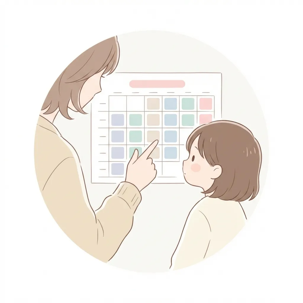 ウィークリーシートを指さして確認する親子