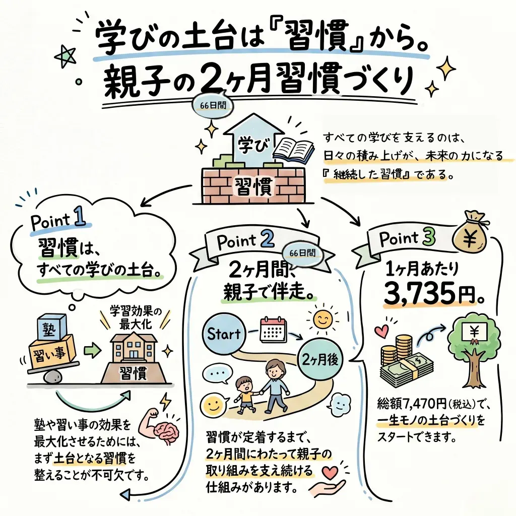 「学びの土台は習慣から。親子の2ヶ月習慣づくり」説明図