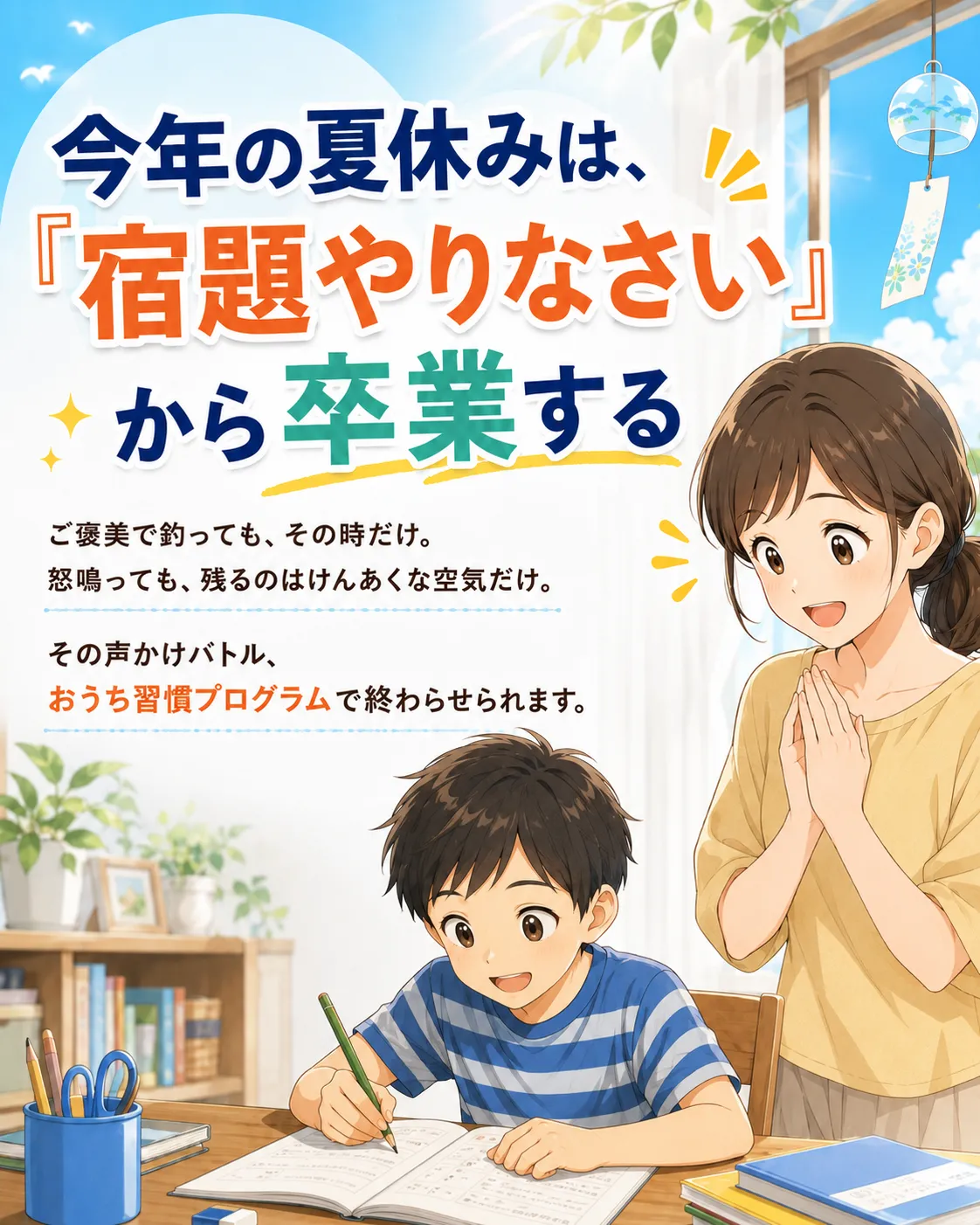 今年の夏休みは、「宿題やりなさい」から卒業する。その声かけバトル、おうち習慣プログラムで終わらせられます。