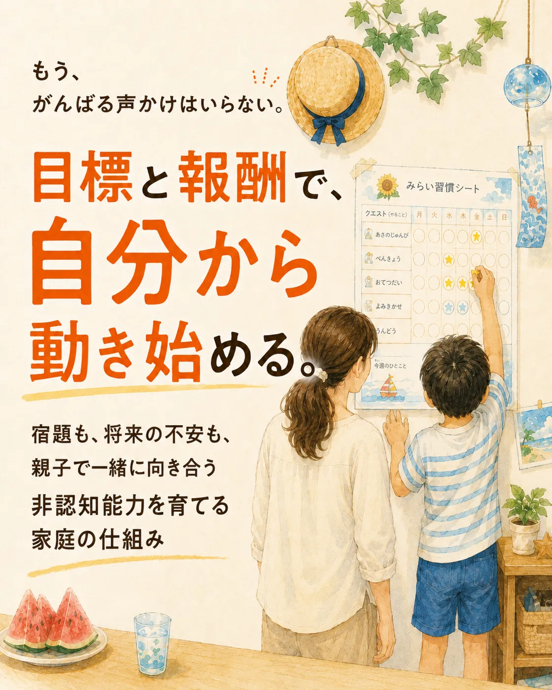 もう、がんばる声かけはいらない。目標と報酬で、自分から動き始める。宿題も、将来の不安も、親子で一緒に向き合う、非認知能力を育てる家庭の仕組み。